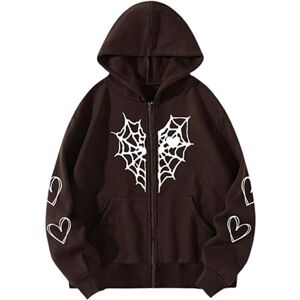 CzooM Vrouwen Oversized Zip Hoodie Y2k Spiders Grafische Print Sweatshirt Pullover Harajuku Vintage Jasje Streetwear (Color : Brown, Size : XL)