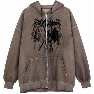 Attria Fairy Grunge Bat Print Baggy Hoodies Zip Up Acubi Lange Mouw Jassen Donkere Emo Hooded Truien Goth Punk Uitloper, Bruin, XL