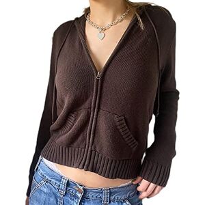 SMIMGO Vrouwen Y2k Zip Up Hoodie Kabel Gebreide Truien Mode Vest Esthetische Jas Leuke Crop Top Lange Mouw Zakken Trui Jas Herfst, A1-bruin, M