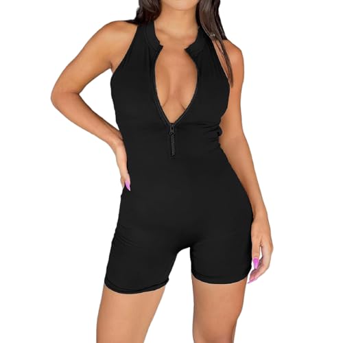 Generic 2024 Rompertje voor dames, sexy rompertje, korte rompertjes, mouwloos, ritssluiting, nauwsluitende romper, zomerkleding, 2024, geklede jumpsuits voor dames plus, Zwart, S