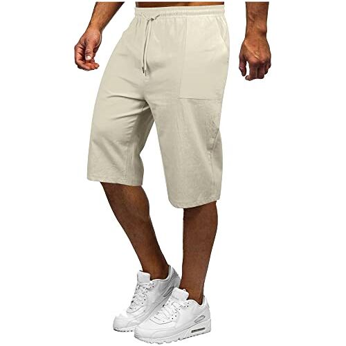 YAOBAOLE Heren 3/4 linnen broek linnen shorts heren korte herenshorts van linnen korte broek heren zomer linnen, beige, L