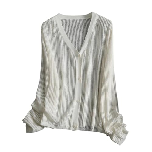 ParfCO Elegante Bolero,Dames Zomer Gebreide Knopen Bolero Bolero Top Dames V-Hals Lange Mouw Bolero Sjaal Bolero Casual Hol Ademend Vest Wit M