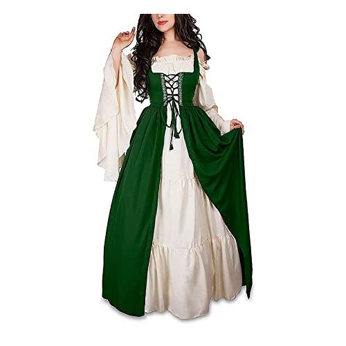 Guiran Middeleeuwse jurk voor dames, met trompetmouwen, middeleeuws feestkostuum, maxi-jurk, groen, XL