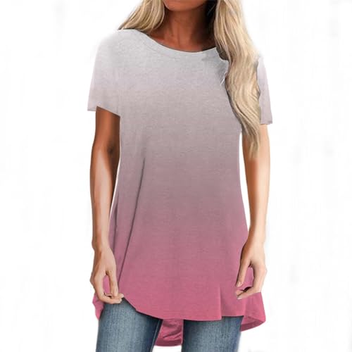 Generic 2024 AI Dames Gradiënt Gedrukt Casual T-shirt Tops Korte Mouw Losse V-hals Blouses Trendy Tuniek Korte Mouw Tunieken, roze, M