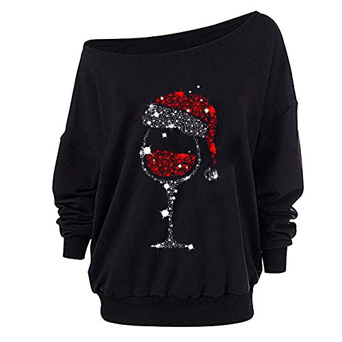 BIISDOST Kersttrui voor dames, skew kraag, kersttrui, kersttrui, sweatshirt, kersttrui, trui, trui, trui, trui, top, gebreide trui, blouse, bovenstuk, herfst, winter, lange mouwen, zwart, M