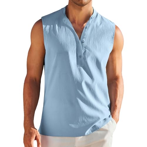 TDEOK Linnen zomerbovenstuk kort heren tanktop heren katoen linnen linnen tanktop heren linnen top hemd heren korte mouwen linnen opstaande kraag linnen shirt heren slim mouwloos, blauw, L