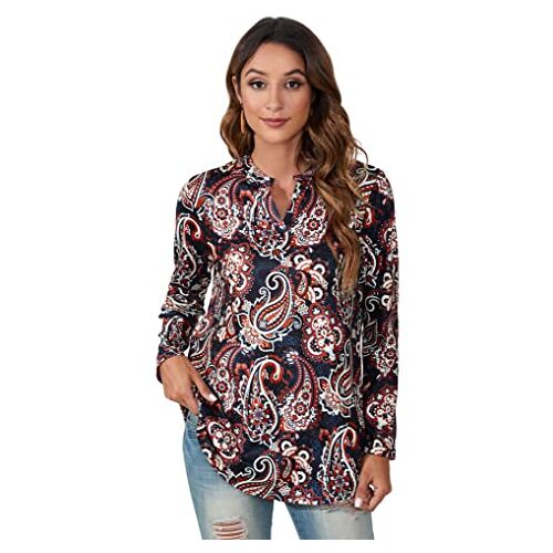 Enmain Dames Blouse Shirt Lange Mouw V-hals Top Dames Blouses Shirts Tunieken UK Henley Kraag Losse Fit Tops voor Vrouwen, Paisley & Rood, XL