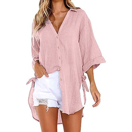 TDEOK Damesblouse met lange mouwen, losjes blouses & tunieken voor dames oversized linnen blouse grote maten hemdblouse elegante tuniek met knoopsluiting hemd linnen middeleeuws lang zomer strandjurk