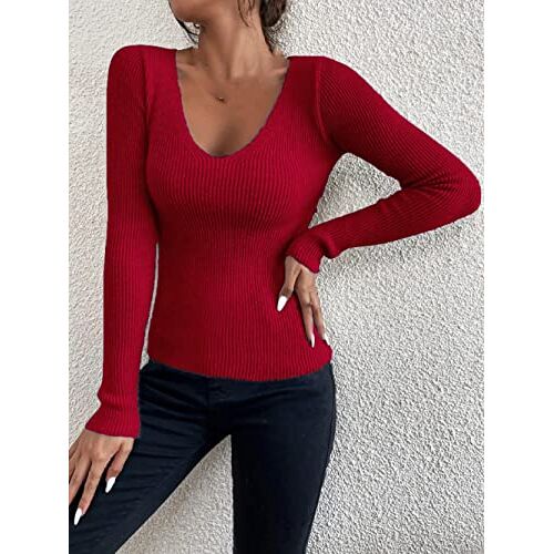 VAAX Trui voor Vrouwen,Vrouwen Trui Slanke Trui V-Hals Bordeauxrood Rib Gebreide Trui T-Shirt Skinny Stretch Sexy Trui Basic Lange Mouw Trui Y2K Top Tuniek Trui,S