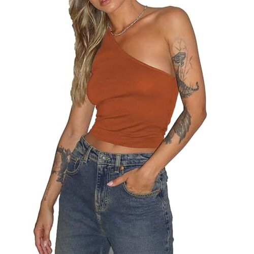 Suncolour Een Schouder Slanke Tank Tops Zomer Off De Schouder Mouwloze Crop Tops Een Schouder Cami Vesten Club Feestkleding, 3, XXL