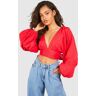 boohoo Linnen Crop Top Met Ballonmouwen En Rug Strik, Red 44