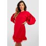 boohoo Mini Jurk Met Ballonmouwen En Veren, Red 38