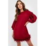 boohoo Mini Jurk Met Ballonmouwen En Veren, Wine 38