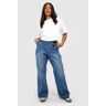 boohoo Plus Wide Leg Jeans Met Naaddetail En Zak Detail, Mid Blue 50