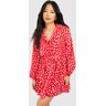 boohoo Petite Smudge Print Ruffle Woven Wrap Dress, Red 12