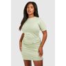 boohoo Plus Cotton Elastane Ruched T-Shirt Dress, Sage 22