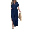 Rejckims Slit V-Neck Effortless Maxi Long Dress, 2024 New Slit V Neck Effortless Maxi Long Dress (M,Blue)