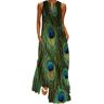 Ocean Plus Dames Mouwloze Lange Rok V-hals Bedrukte Bloemenjurk Mouwloze Maxi-jurk met V-hals (XL, Pauw)