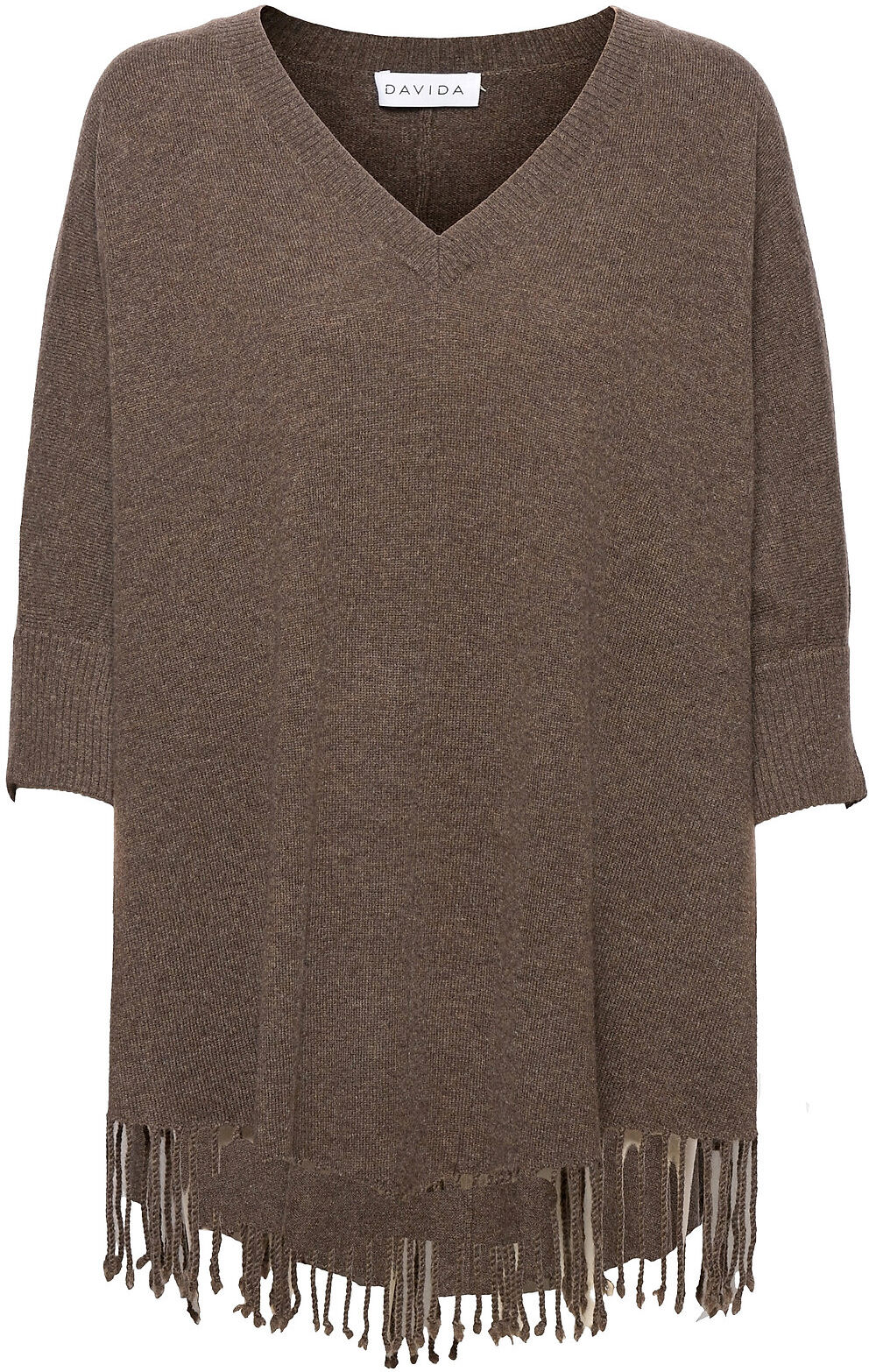 Davida Cashmere V-Neck Poncho Sleeves Fringes Poncho Regntøy Brun Davida Cashmere