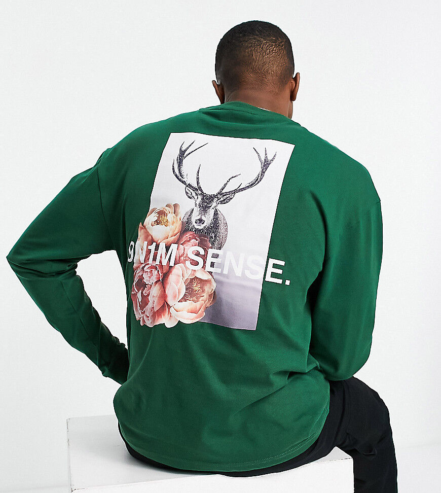 9N1M SENSE exclusive to ASOS long sleeve t-shirt in green with deer placement print  Green