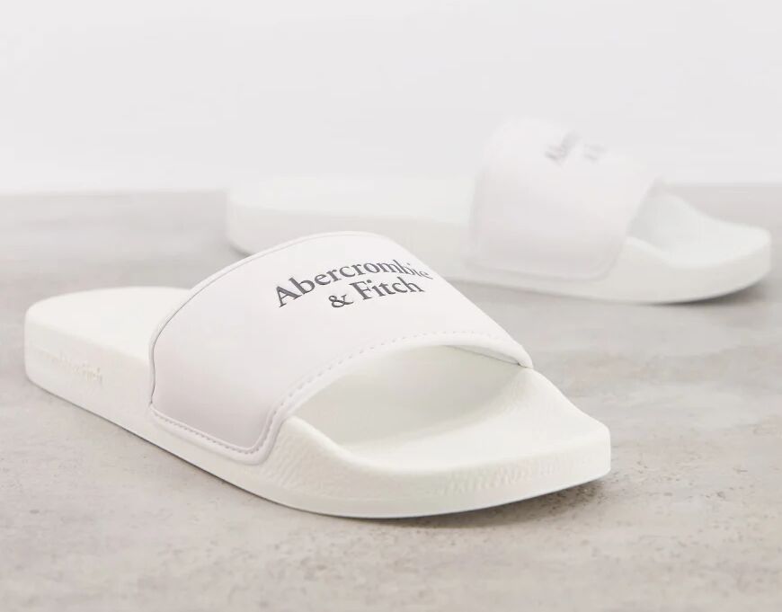 Abercrombie & Fitch sliders in white with text logo  White