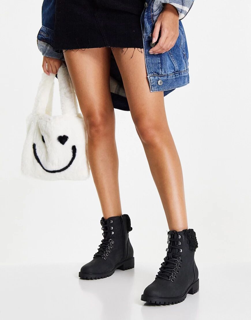 Accessorize flat lace up ankle boots in faux suede and borg collar-Black  Black