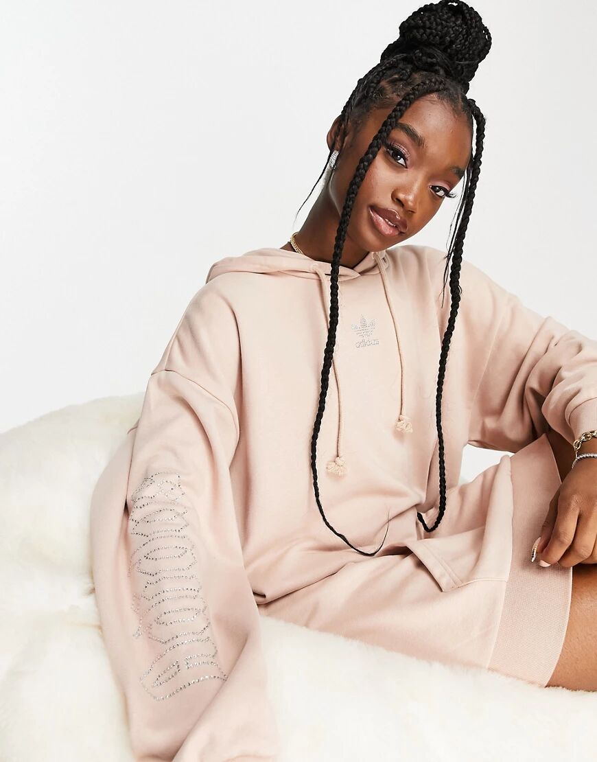 adidas Originals '2000s Luxe' velour hoodie dress in camel with diamante logo-Brown  Brown