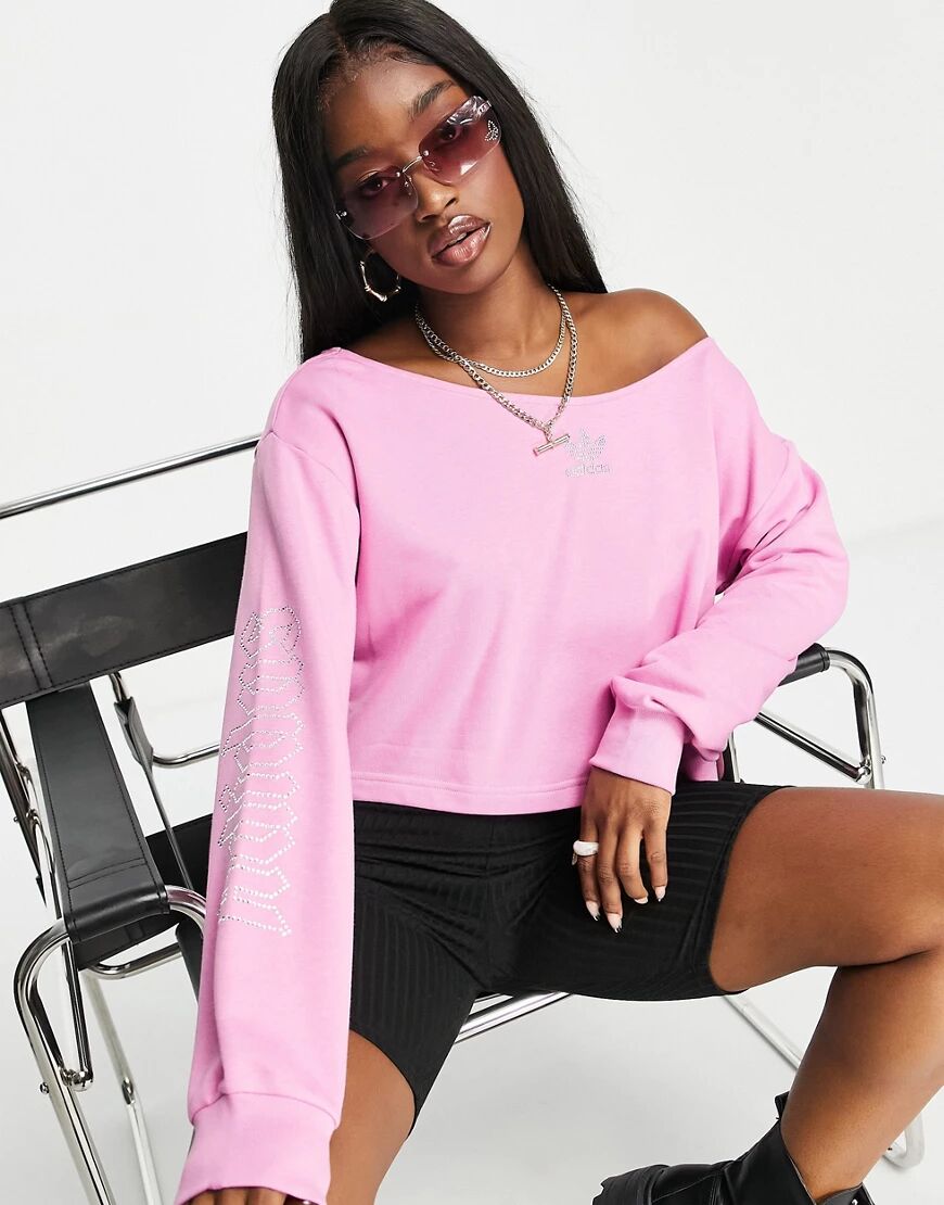 adidas Originals '2000s Luxe' velour slouchy cropped sweatshirt in pink with diamante logo  Pink