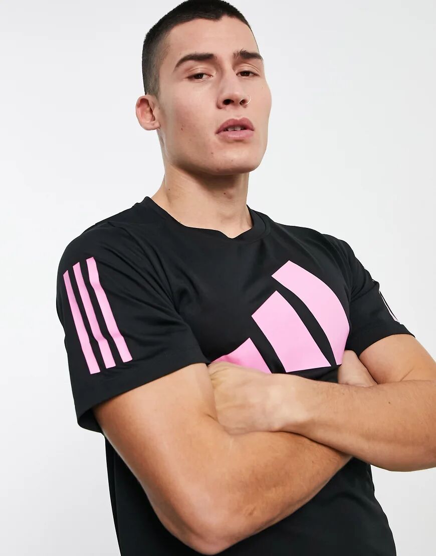 adidas performance adidas Training 3 bar logo t-shirt in black and pink  Black