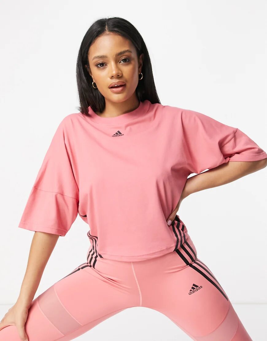 adidas performance adidas Training 3 stripe cropped t-shirt in pink  Pink