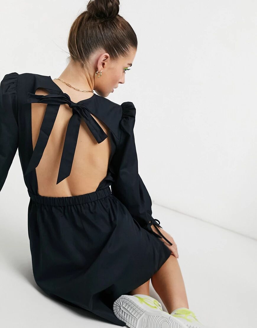 Aligne organic cotton mini smock dress with open tie back detail in black  Black