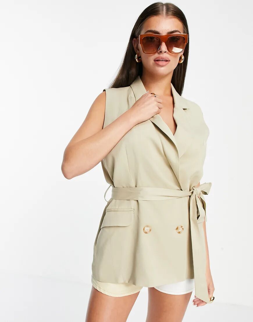 Aligne recycled double breasted waistcoat with belt co-ord in sand-Neutral  Neutral