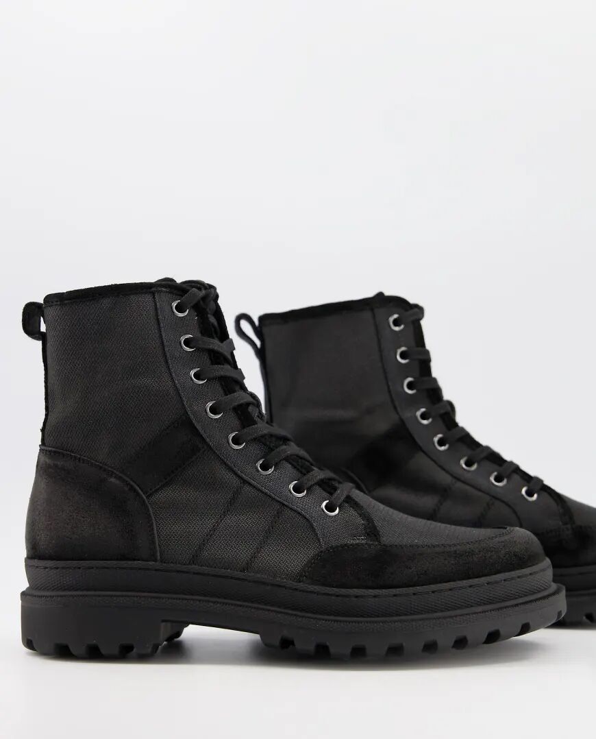 AllSaints All Saints traction lace up boot in black nylon suede mix  Black