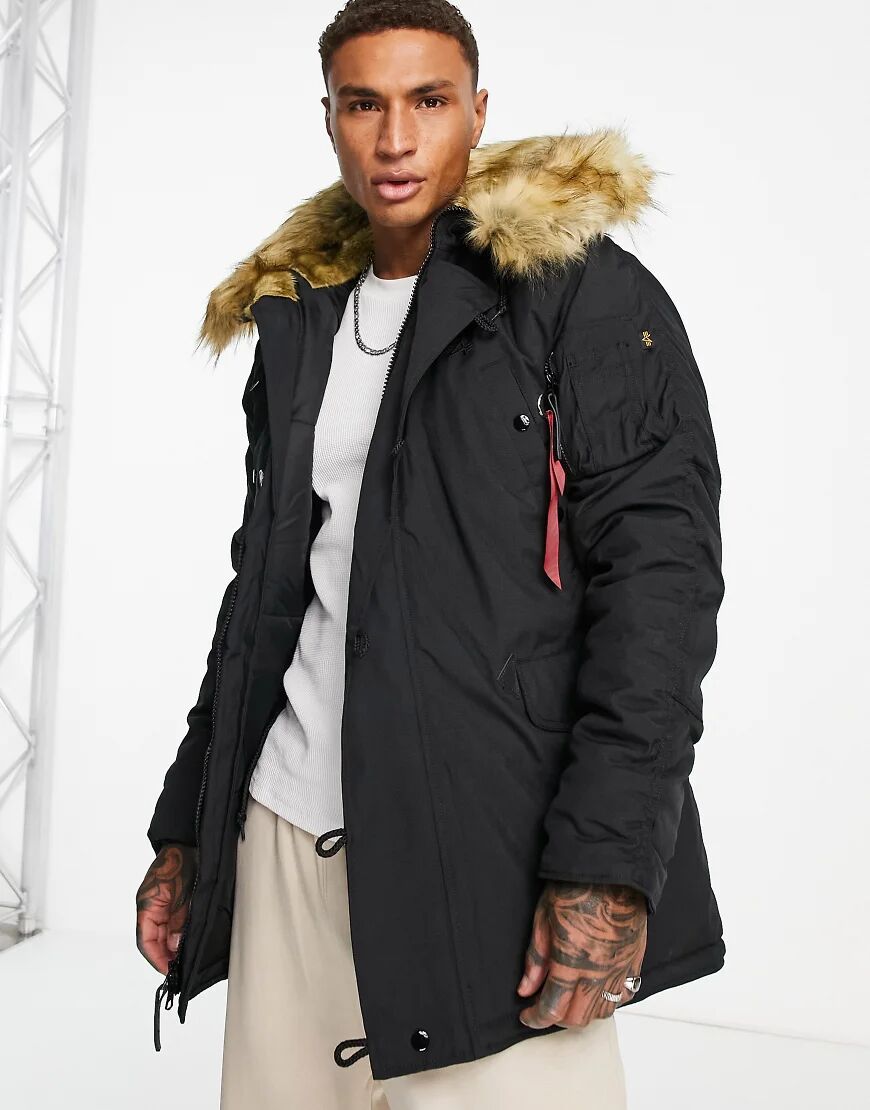 Alpha Industries Explorer detatchable faux fur trim hooded parka coat in black  Black