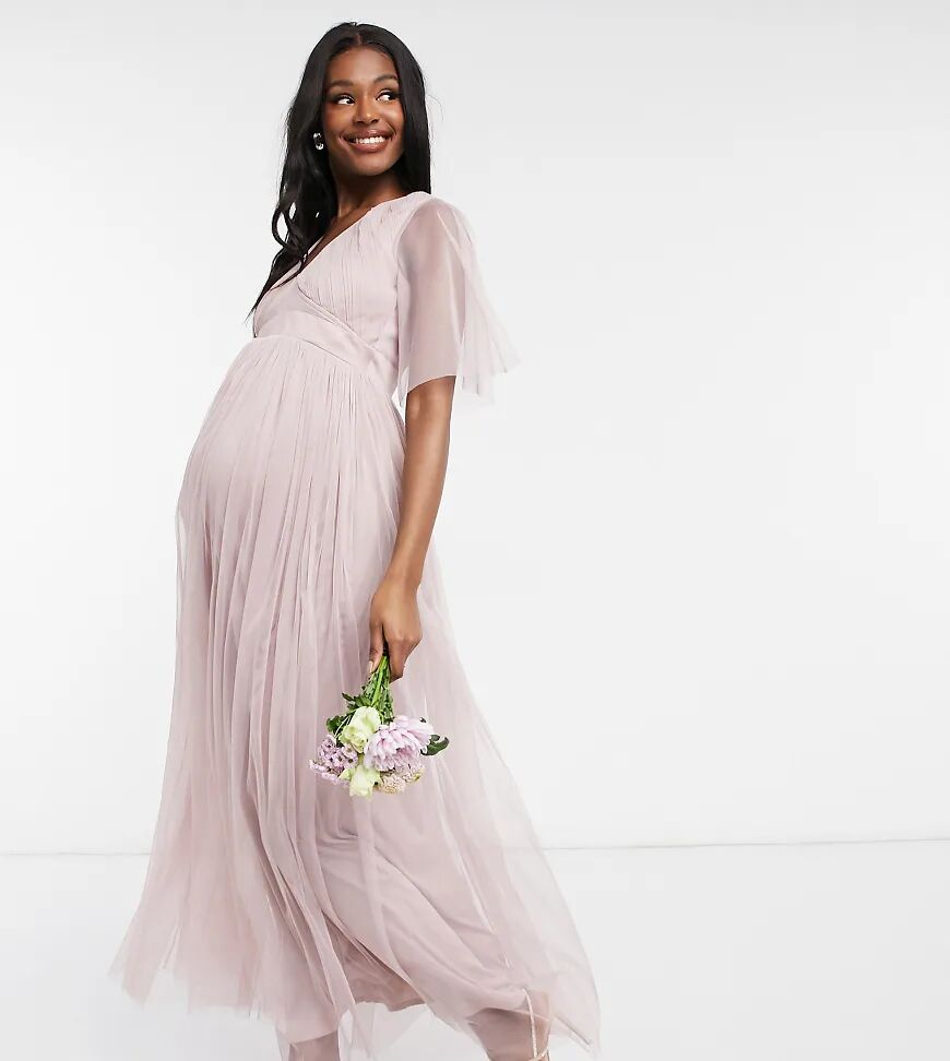 Anaya Maternity Anaya With Love Maternity Bridesmaid tulle flutter sleeve maxi dress in pink  Pink