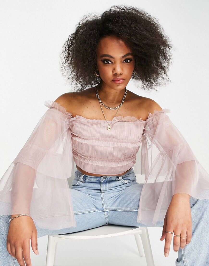Anaya With Love tiered sleeve bardot top in blush tulle-Pink  Pink