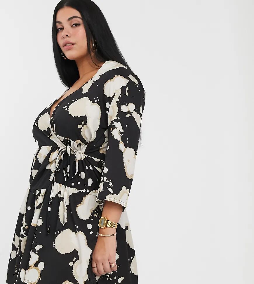 Another Reason Plus tiered wrap dres in bleached print-Black  Black