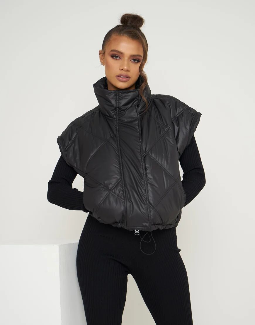 Aria Cove cropped wet look padded coat with detachable sleeves in black  Black