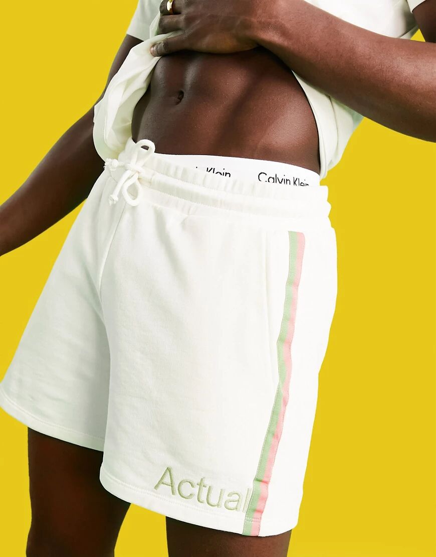 ASOS Actual Athleisure co-ord jersey shorts in ecru with printed logo and side stripes-White  White