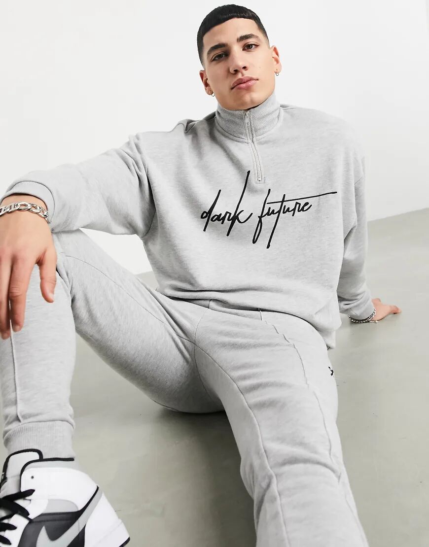 ASOS Dark Future co-ord oversized half zip sweatshirt in grey marl with chest logo  Grey