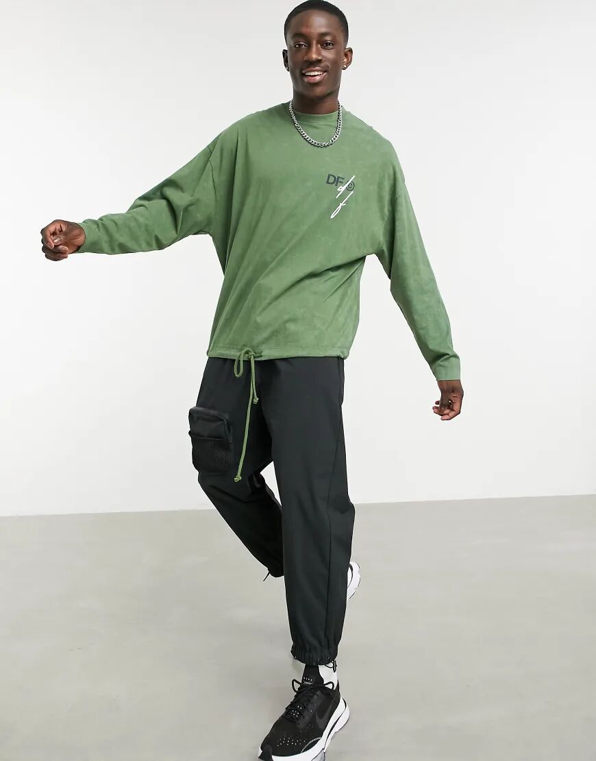 ASOS Dark Future oversized long sleeve t-shirt with back print and drawcord in green  Green