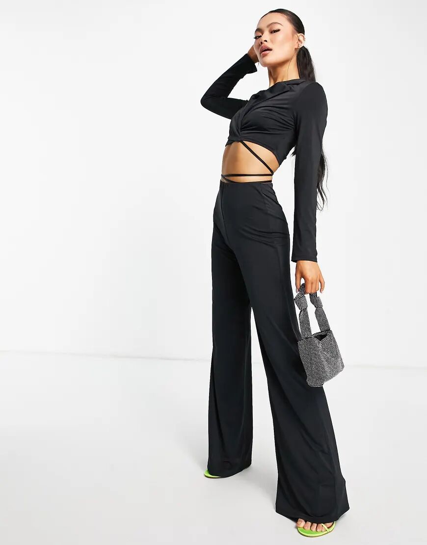 ASOS DESIGN 00s jersey satin suit wide leg suit trouser in black  Black