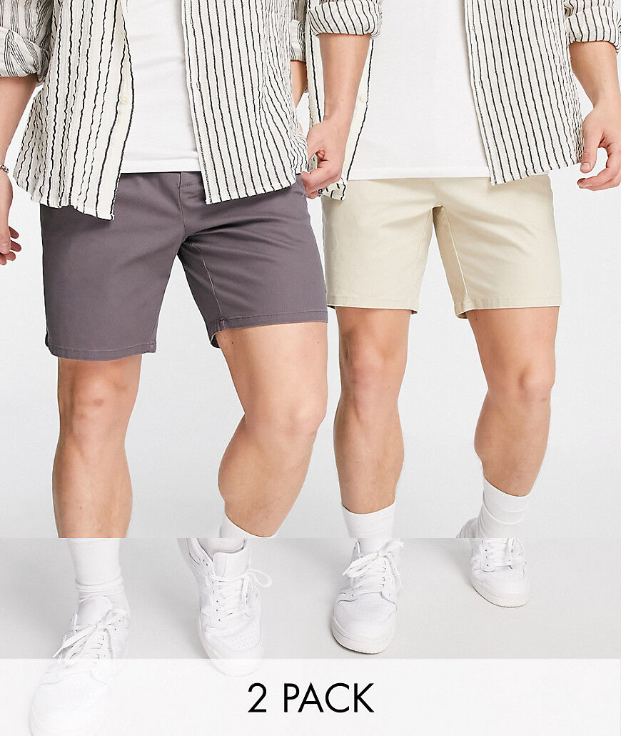 ASOS DESIGN 2 pack cigarette chino shorts in charcoal and beige save-Multi  Multi