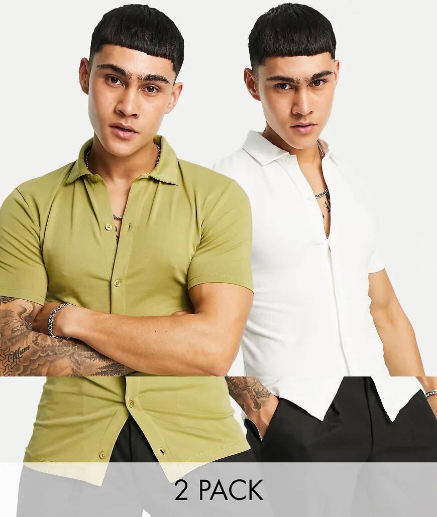 ASOS DESIGN 2 pack organic button through jersey shirt-Multi  Multi