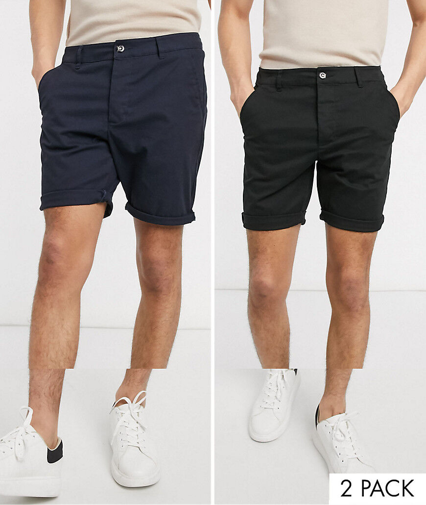 ASOS DESIGN 2 pack skinny chino shorts in black & navy save-Multi  Multi