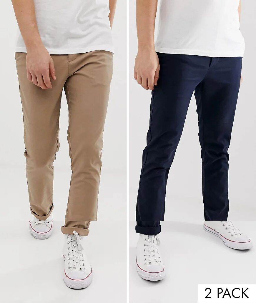 ASOS DESIGN 2 pack skinny chinos in navy & stone save-Multi  Multi