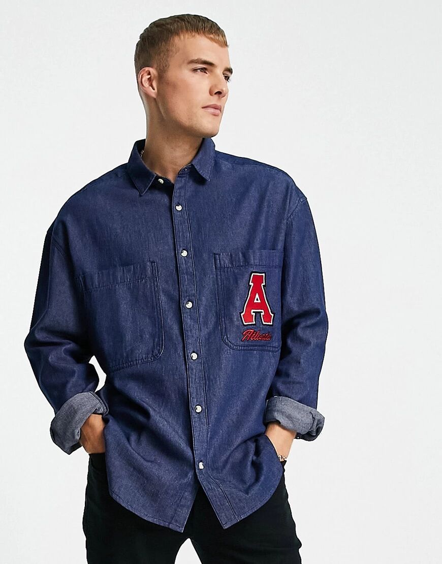 ASOS DESIGN 90s oversized shirt with all over print and embroidery patch in denim-Blue  Blue