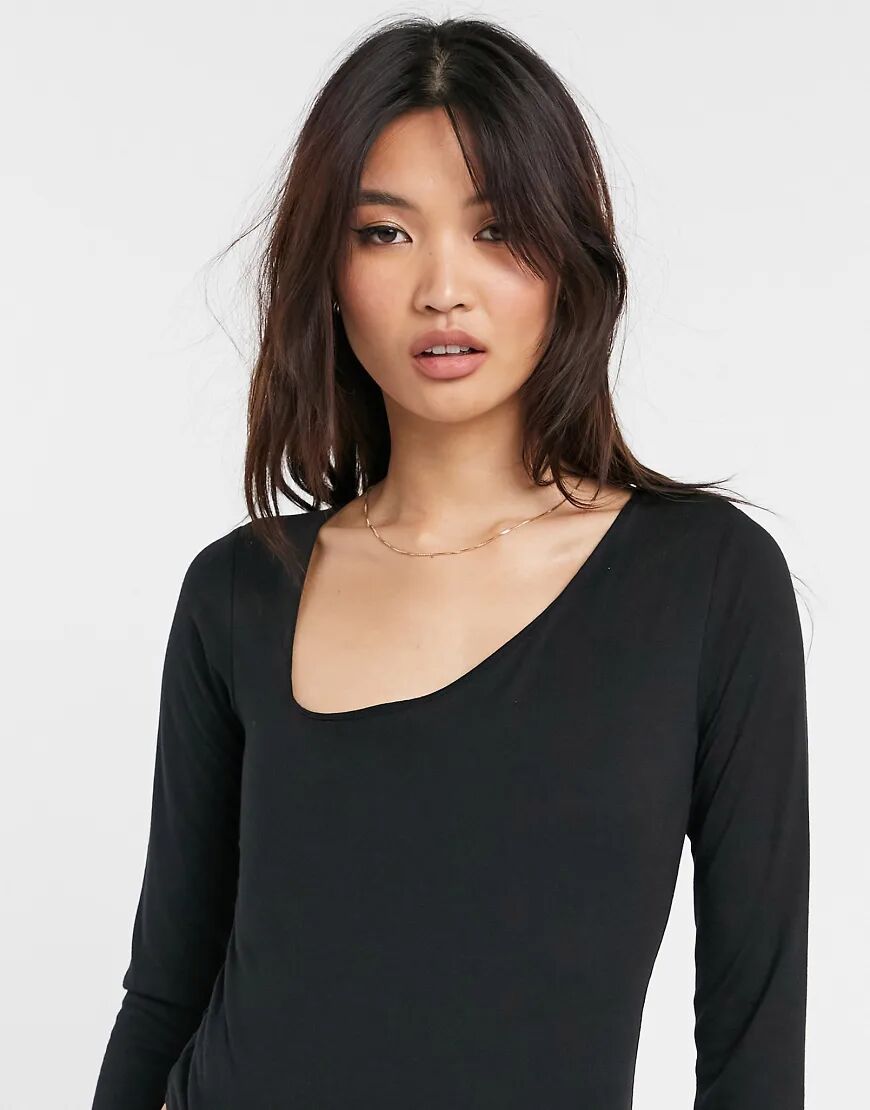 ASOS DESIGN asymmetric neckline long sleeve bodysuit in black  Black