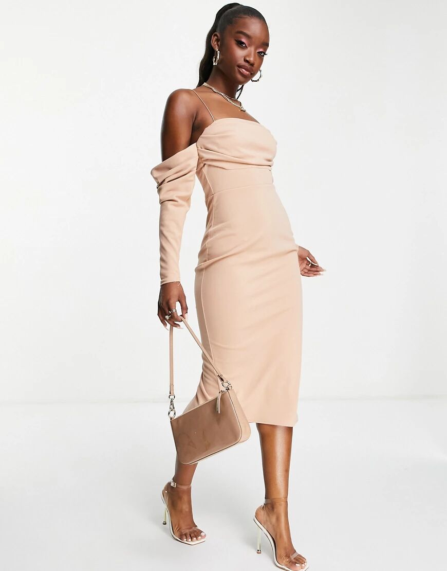 ASOS DESIGN bardot drape pencil midi dress in mink-Neutral  Neutral