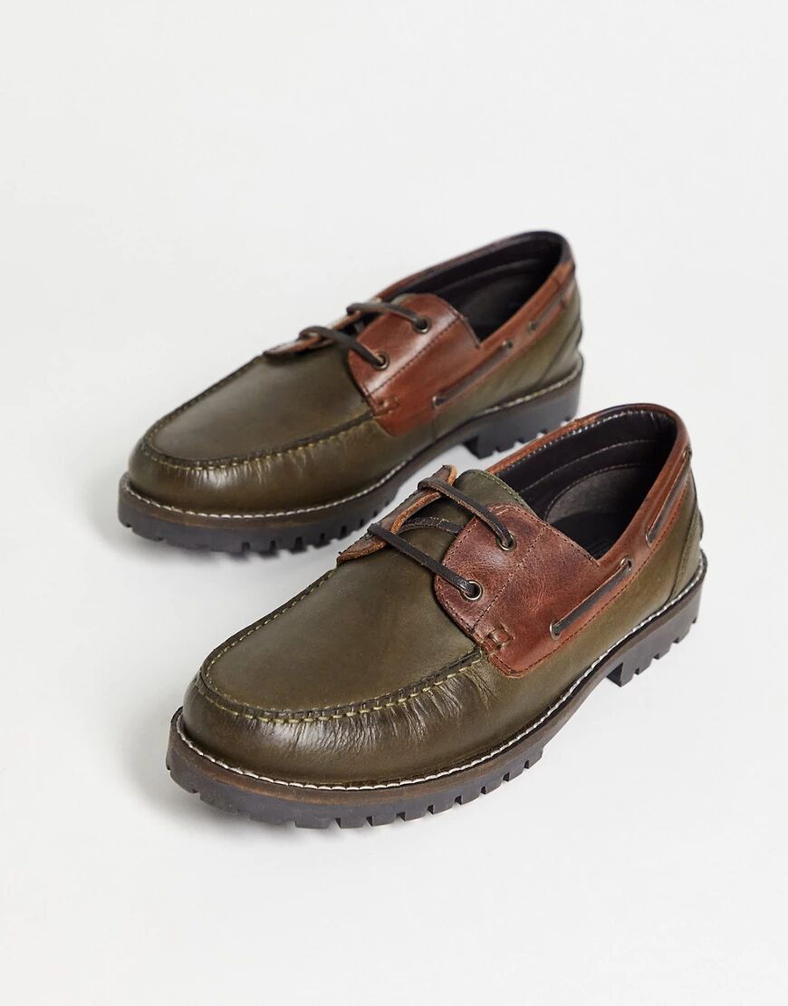 ASOS DESIGN boat shoes in green leather with tan panel and chunky sole  Green